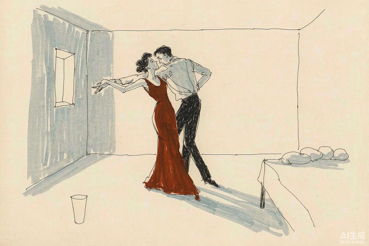 丈夫之美插画:一对男女在空屋里跳探戈