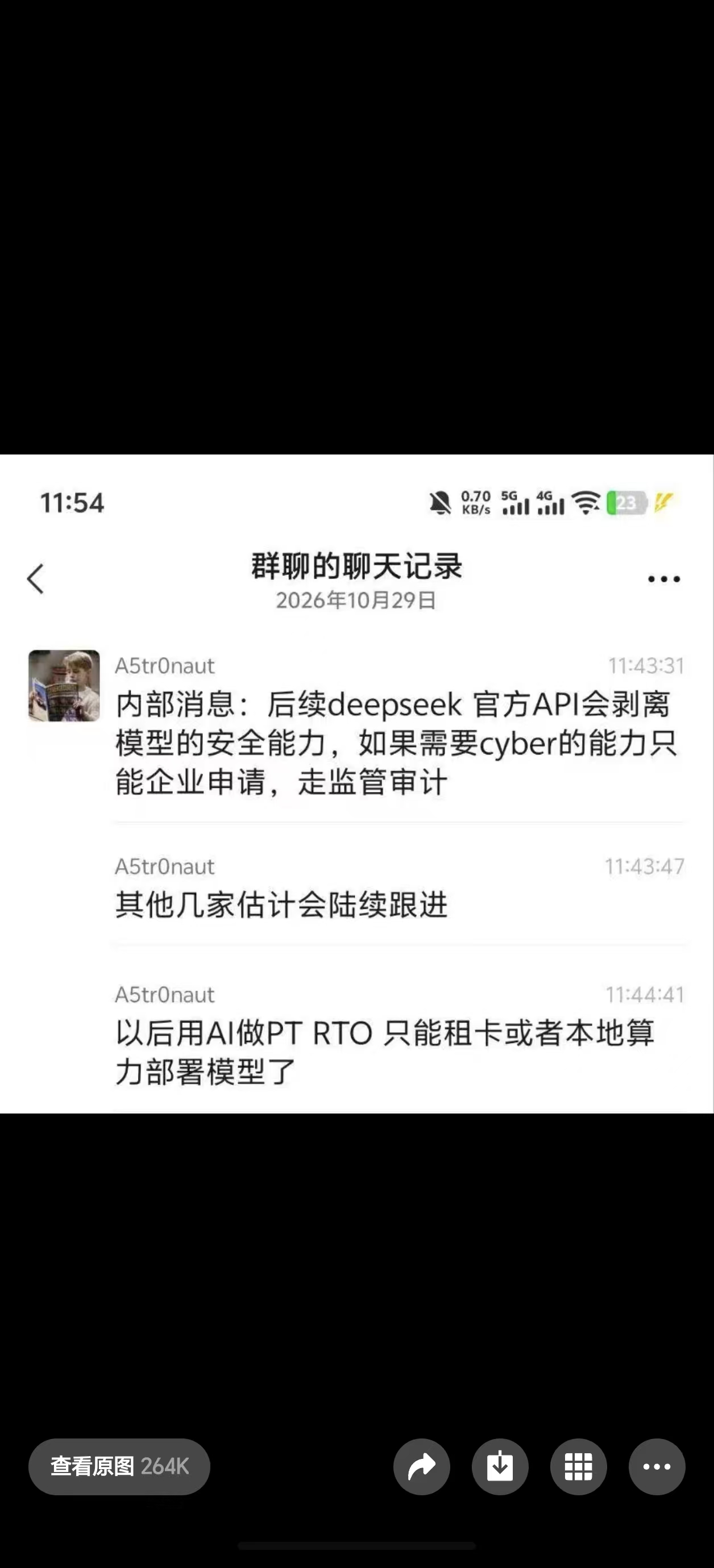 群聊截图：DeepSeek 官方 API 将剥离安全能力