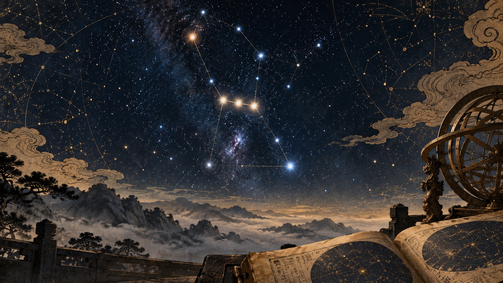 参宿三星与古代星图主题插画